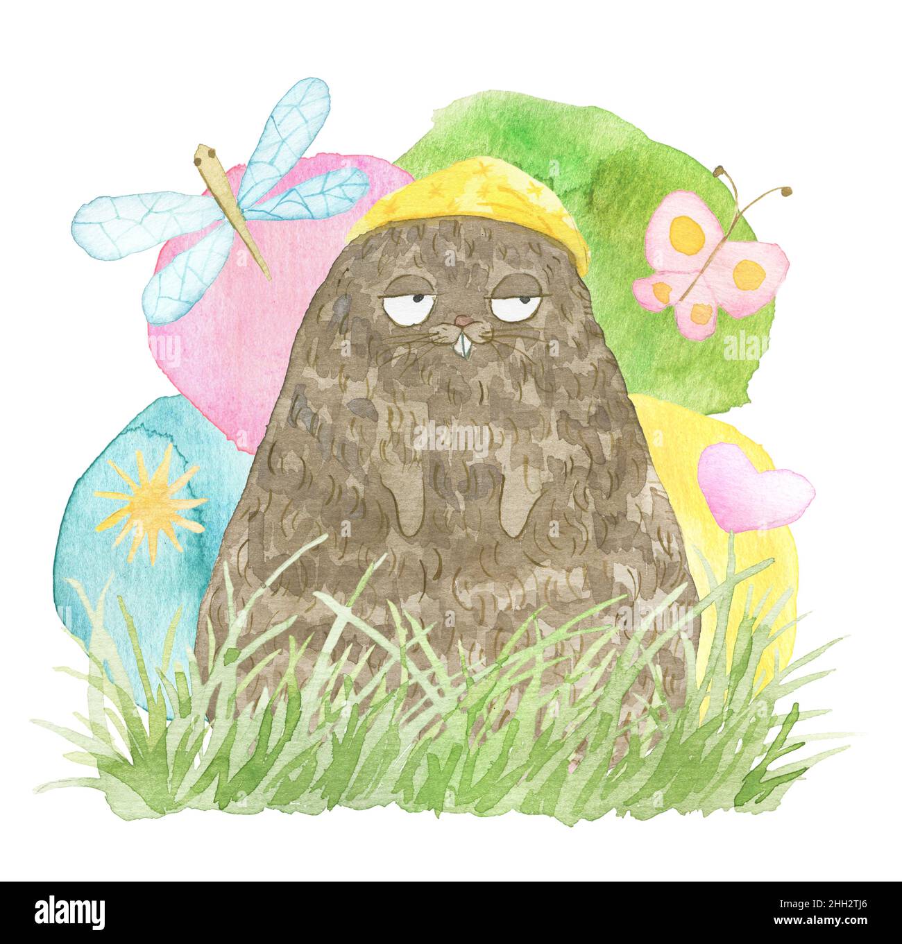 Design-Set mit entzückenden Kawaii-Holzfutter Tier, Gras und Schmetterling isoliert auf weiß, Aquarell-Illustration für Happy Groundhog Day Grußkarte Stockfoto