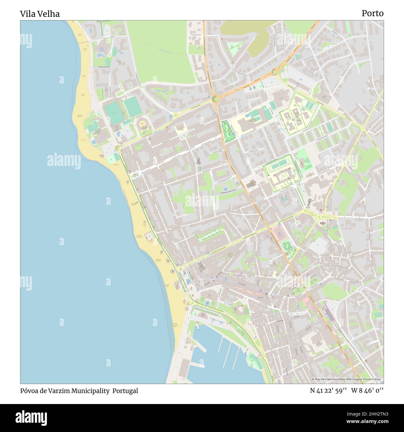 Vila Velha, Gemeinde Póvoa de Varzim, Portugal, Porto, N 41 22' 59'', W 8 46' 0'', map, Timeless Map veröffentlicht im Jahr 2021. Reisende, Entdecker und Abenteurer wie Florence Nightingale, David Livingstone, Ernest Shackleton, Lewis and Clark und Sherlock Holmes haben sich bei der Planung von Reisen zu den entlegensten Ecken der Welt auf Karten verlassen.Timeless Maps kartiert die meisten Orte auf der Welt und zeigt die Verwirklichung großer Träume Stockfoto