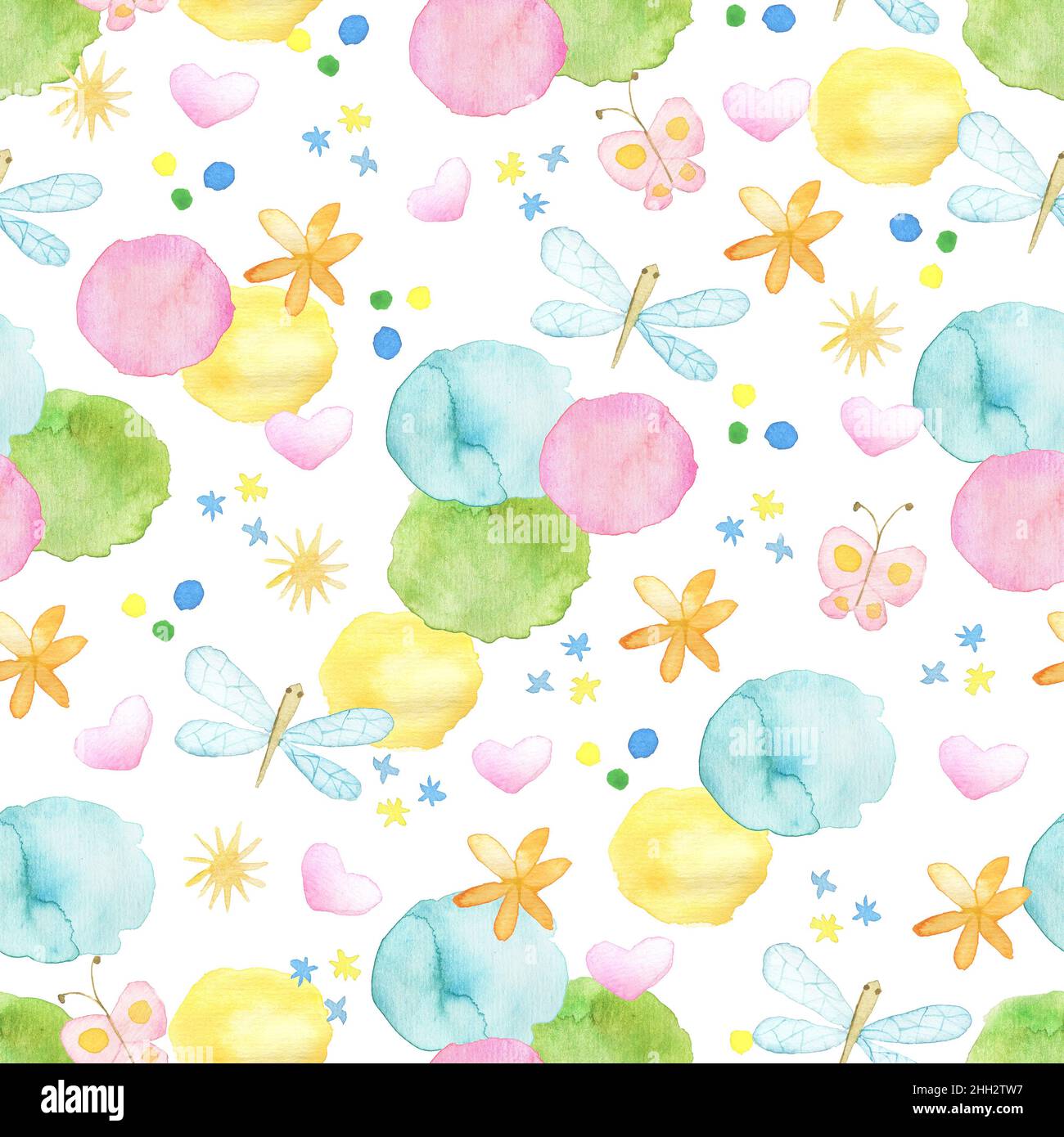 Design-Set mit abstrakten Aquarell-Blots, Blumen und Libelle, Illustration für Kinder Konzept Stockfoto