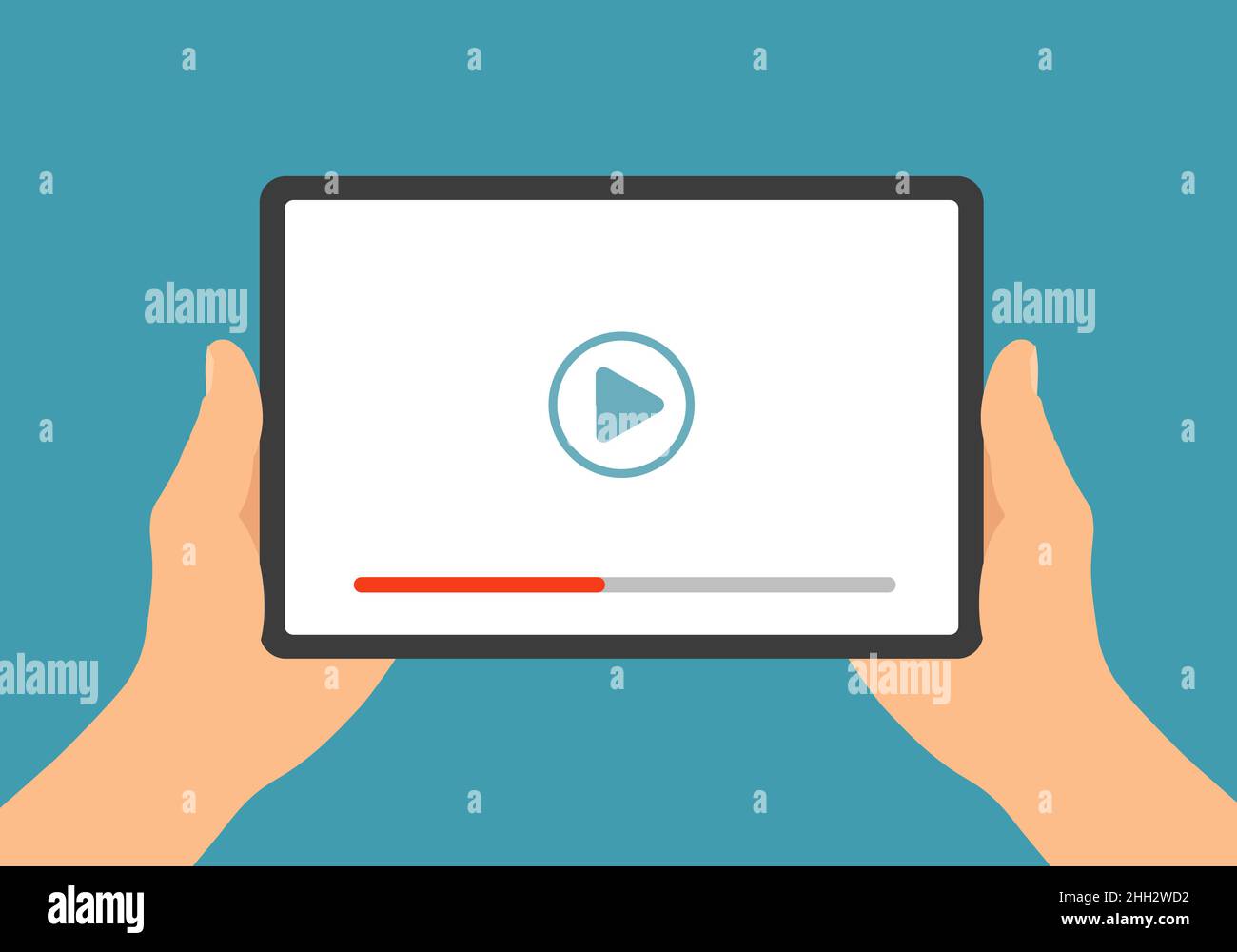 Flache Abbildung mit männlichen Händen, die ein digitales Tablet mit Touchscreen und Wiedergabetaste halten. Video oder Film auf weißem Display ansehen - Vektor Stock Vektor