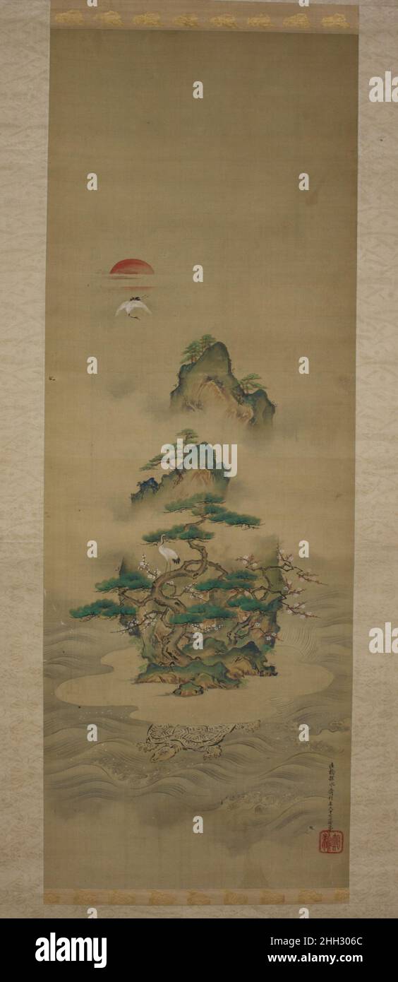 Isle of Unmantals mit flankierenden chinesischen Landschaften (acht Ansichten von Xiao und Xiang) 19th. Jahrhundert Kano Tansui Japanisch die mittlere Tafel zeigt den mystischen Berg von H?rai, dem beliebtesten der glückverheißenden Symbole, die am Neujahrsfest in Japan gezeigt werden. Balanciert auf dem Rücken einer Schildkröte, ein Symbol der Langlebigkeit, Die Insel unterstützt andere Symbole des langen Lebens – einen Kranich und einen Kiefernbaum – während Pflaumenblumen und die aufgehende Sonne das Kommen eines neuen Tages im neuen Jahr ankündigen.die beiden flankierenden Tafeln zeigen imaginäre chinesische Landschaften, die von den chinesischen Szenen in den acht Ansichten von Xiao und inspiriert wurden Xian Stockfoto