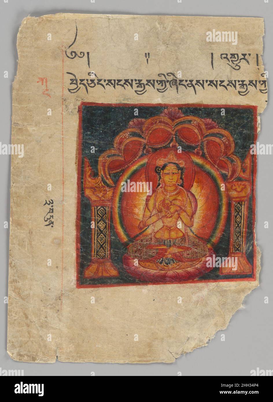 Fragment eines Prajnaparamita Sutra-Manuskriptfolios 11th–12th Jahrhundert nicht identifiziert Dies ist eine seltene und frühe Darstellung der Göttenpersonifizierung des Prajnaparamita-Sutra-Textes. Sie wird zwei bewaffnete dargestellt, die das Drehen des Rades, die Weisheitslehrerin Mudra, dharmachakra, gestikulieren. Sie wird auf einem Lotuskissen mit schwebenden Bändern und Energiewellen gesehen, die von ihrem Körper in die Hitze der umlaufenden Mandorla strahlen. Sie trägt einen wunderschön gemusterten Taillenrock. Alles ist in einem Säulenschrein mit windelgemusterten Pfosten und einem sechsköpfigen Bogen mit roten Vorhängen A enthalten Stockfoto