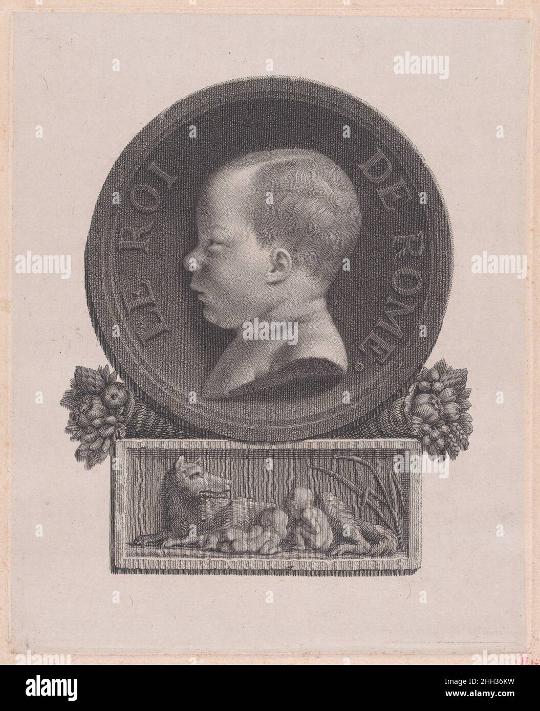 Der König von Rom um 1811 nach Pierre Paul Prud'hon dieser Druck basiert auf einer Zeichnung von Pierre Paul Prud’hon (1758-1823) heute im Petit Palais, musée des Beaux-Arts de la Ville de Paris (Inv. L PPD1293, S. Es erinnert an die Geburt Napoleons I. (1811-1832), des Sohnes und Erben, der von Napoleon I. und der Kaiserin Marie Louise offenbar wurde. Der Druck wurde von Barthélemy Roger, einem Grafiker, der bei Prud’Hon und dem Kupferstecher Jacques Louis Copia studiert hatte, angefertigt. Die Ikonographie, vom Relief von Romulus und Remus bis zum Profilmedaillon-Format, bezieht sich auf das antike Rom und soll die Idee verstärken, dass es sich um ein altes Rom handelt Stockfoto