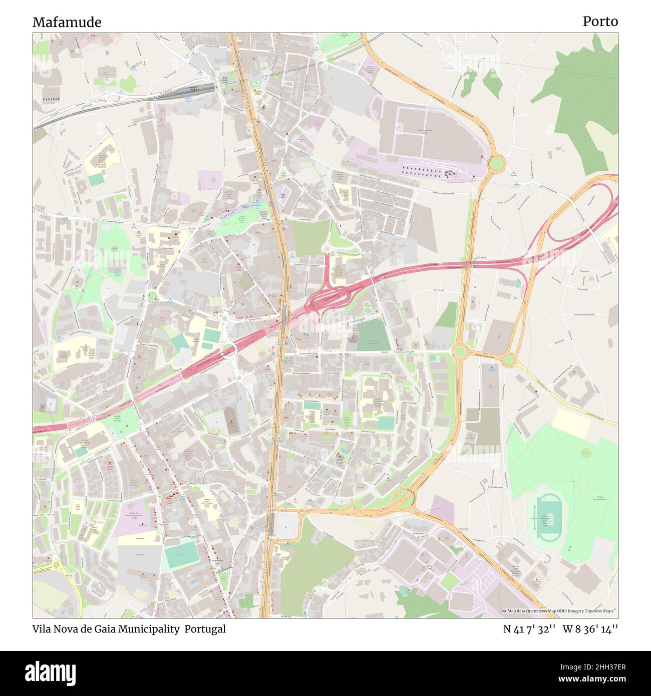 Mafamude, Gemeinde Vila Nova de Gaia, Portugal, Porto, N 41 7' 32'', W 8 36' 14'', map, Timeless Map veröffentlicht im Jahr 2021. Reisende, Entdecker und Abenteurer wie Florence Nightingale, David Livingstone, Ernest Shackleton, Lewis and Clark und Sherlock Holmes haben sich bei der Planung von Reisen zu den entlegensten Ecken der Welt auf Karten verlassen.Timeless Maps kartiert die meisten Orte auf der Welt und zeigt die Verwirklichung großer Träume Stockfoto