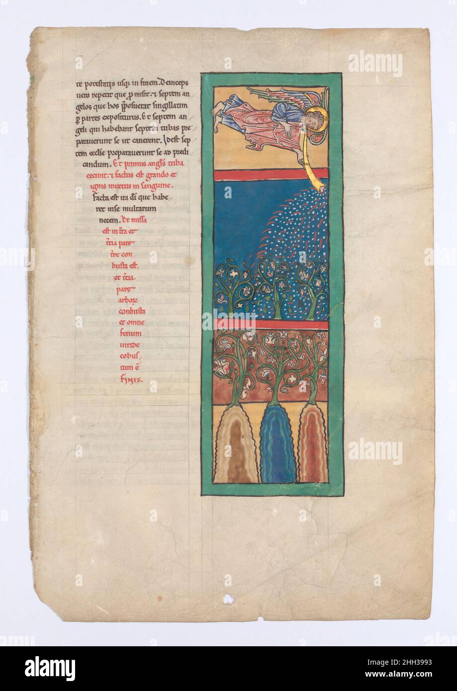 Manuskript „Blatt aus einem Beatus“: Der erste Engel erklingt die Trompete; Feuer, Hagel-Steine und Blut werden auf die Erde geworfen Ca. 1180 in Spanisch illustrierte Beatus-Handschriften erwecken eine außergewöhnliche Vision vom Ende der Welt zum Leben, wie sie vom heiligen Johannes in der Apokalypse (Buch der Offenbarung) aufgezeichnet und durch die Linse von Beatus von Liébana, einem asturischen Mönch aus dem achten Jahrhundert, gefiltert wurde. Diese Manuskripte sind einzigartig im mittelalterlichen Spanien und zeugen von der weit verbreiteten Kunstfertigkeit und dem intellektuellen Milieu der klösterlichen Kultur dort. Das hier gezeigte Blatt stammt aus einem Manuskript, das im Jahr 1870s zerlegt wurde Stockfoto