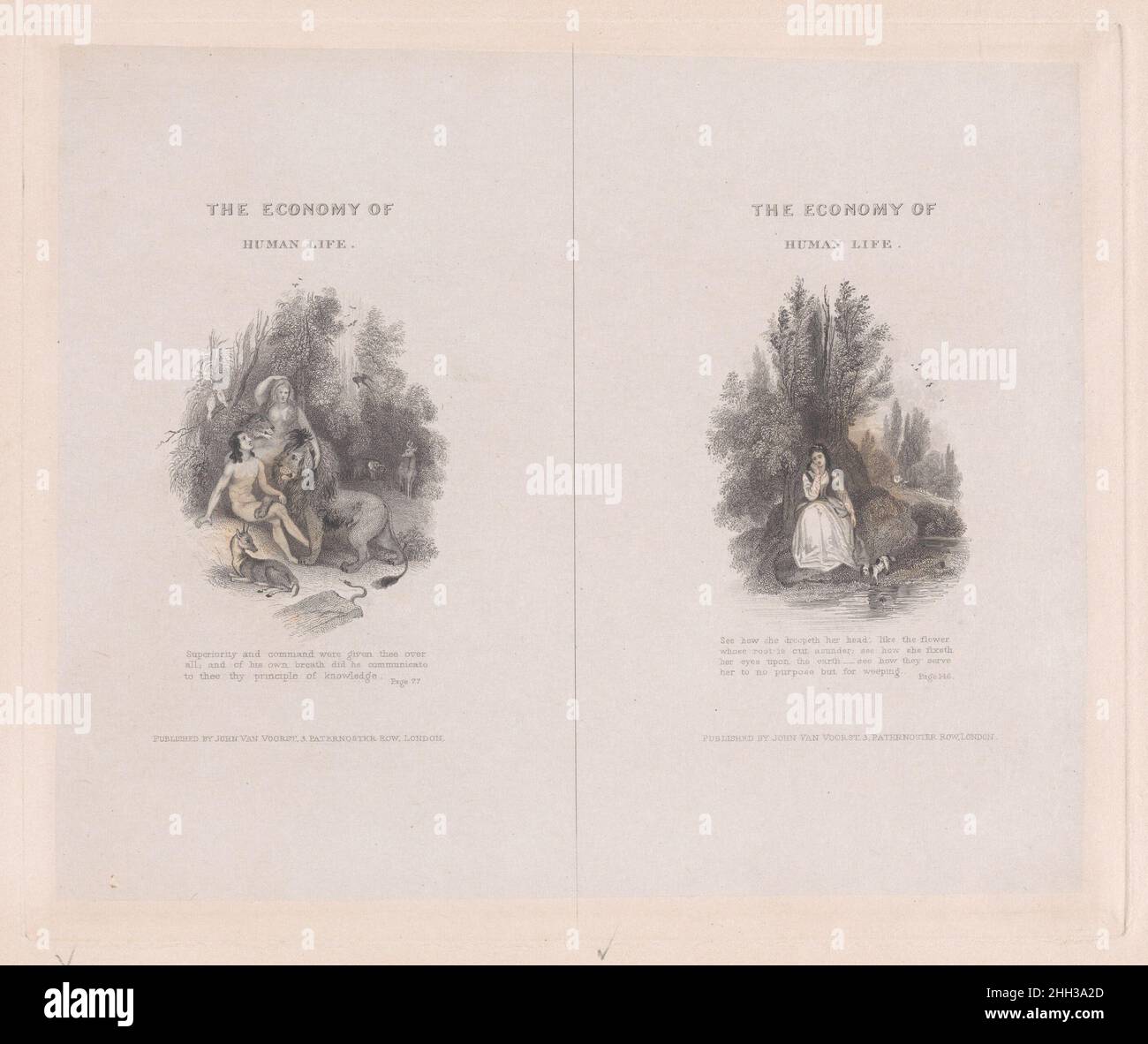 Zwei Illustrationen zu 'The Economy of Human Life' 1834 Frank Howard gedruckt von einer Platte, diese beiden Bilder stammen aus einem Satz von zwölf. Sie wurden für ein illustriertes Buch angefertigt, das 1834 von John van Voorst in London veröffentlicht wurde. Jede Grafik konzentriert sich auf eine Vignettendarstellung, mit dem Titel des Buches oben, Zitaten und Veröffentlichungsdetails unten. Die Abzüge sind unter den Abbildungen nummeriert, S. 77 und S. 146.S. 77 zeigt Adam und Eva im Garten Eden, umgeben von Tieren. Verwandter Text: 'Überlegenheit und Befehl wurden dir über alles gegeben, und von seinem eigenen Atem hat er dir dein Prinzip des Wissens mitgeteilt Stockfoto