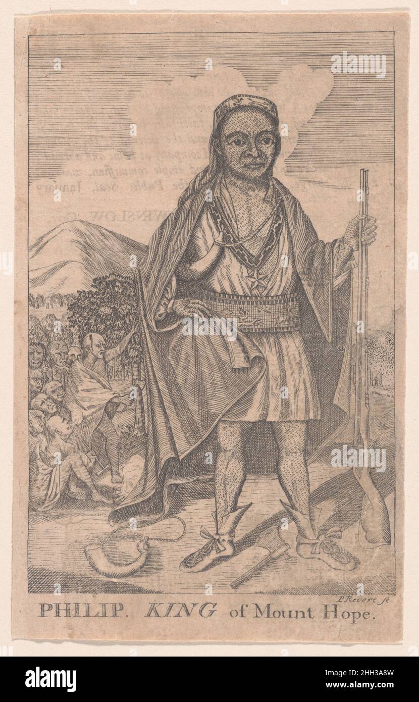 Philip King of Mount Hope 1772 Paul Revere Jr. die frühen Neuengländer kannten den indianischen Häuptling Metacomet als König Philip. Er führte die Wampanoag-Leute um Narragansett Bay an und reagierte aggressiv, als die Kolonien von Massachusetts und Plymouth wiederholt Verträge mit den lokalen Stämmen brachen und sich nach Westen ausweiteten. Im Juni 1675 brach der „Krieg von König Philip“ aus, bei dem Razzien und Schlachten vom Connecticut River Valley nördlich nach Maine ausgetragen wurden. Als im April 1678 ein Waffenstillstand stattfand, war die Bevölkerung der Ureinwohner um mehr als die Hälfte reduziert und effektiv landlos geworden. Viele koloniale Siedlung Stockfoto
