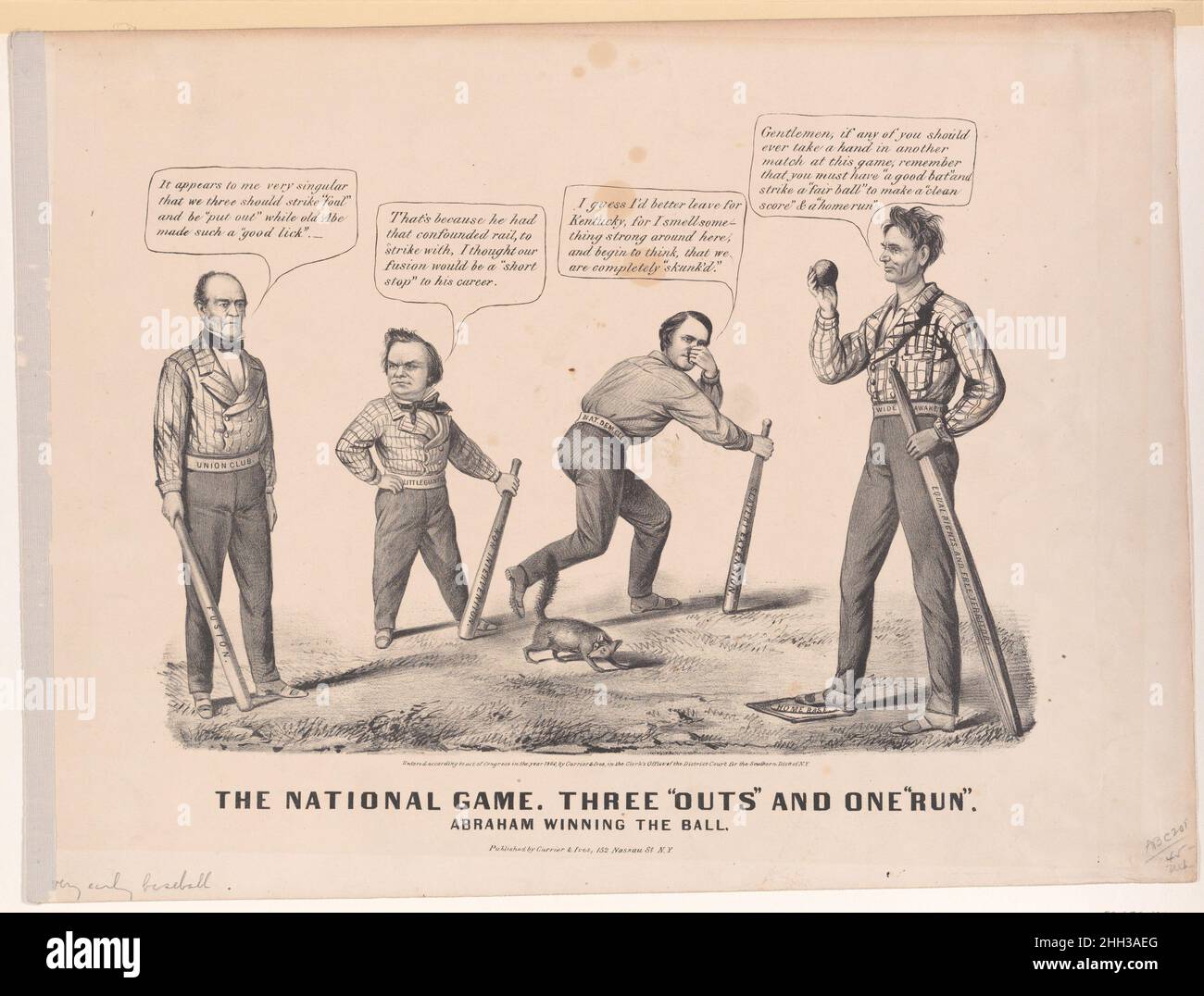 Das Nationalspiel. Drei „Outs“ und ein „Run“ – Abraham gewinnt den Ball 1860 wahrscheinlich nach Louis Maurer Diese Pro-Lincoln-Satire wurde kurz vor den Präsidentschaftswahlen 1860 veröffentlicht und wirft den politischen Wettbewerb als Baseballspiel ab. Lincoln steht auf Heimatbasis und hat John Bell, Stephen A. Douglas und John C. Breckinridge von links nach rechts besiegt. Er hält eine Holzschiene für eine Fledermaus mit der Aufschrift „Gleichberechtigung und Freies Territorium“ und sagt: „Meine Herren, wenn jemand von Ihnen jemals in einem anderen Spiel bei diesem Spiel mitmachen sollte, denken Sie daran, dass Sie eine gute Fledermaus haben und einen fairen Ball schlagen müssen, um ein c zu machen Stockfoto