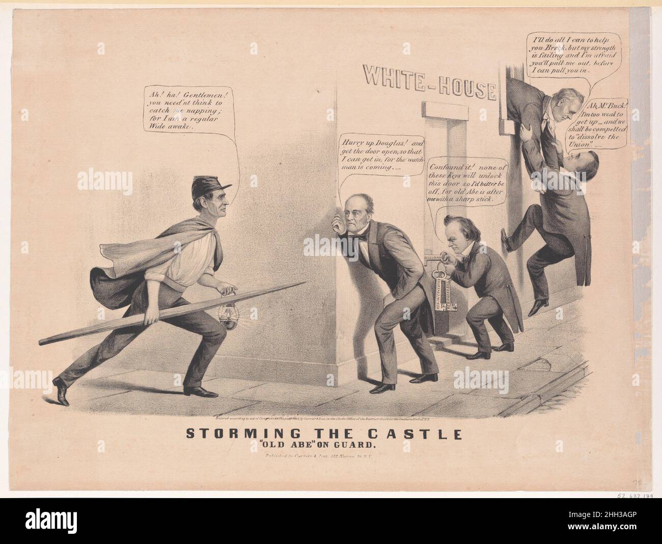 Storming the Castle – 'Old 'Abe' on Guard 1860 Currier & Ives dieser politische Cartoon reagiert auf die Präsidentschaftskampagne von 1860, in der Abraham Lincoln die republikanische Partei vertrat und gegen John Bell von der Consitutional Union Party und Stephen Douglas, der von den Demokraten nominiert wurde, antrat. Lincoln ist als „hellwach“ gekleidet, eine Gruppe junger Anhänger der Republikaner, trägt einen Umhang und eine Militärmütze, während er eine Laterne und einen Hecht in Schienenform trägt. Um die Ecke eines Gebäudes mit der Bezeichnung „Weisses Haus“ entdeckt er, dass seine Gegner versuchen, einzubrechen. Bell hält Ausschau nach Douglas Who Stockfoto