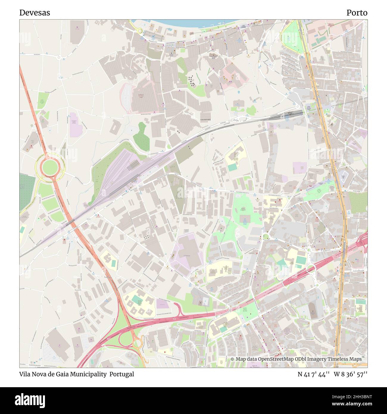 Devesas, Gemeinde Vila Nova de Gaia, Portugal, Porto, N 41 7' 44'', W 8 36' 57'', map, Timeless Map veröffentlicht im Jahr 2021. Reisende, Entdecker und Abenteurer wie Florence Nightingale, David Livingstone, Ernest Shackleton, Lewis and Clark und Sherlock Holmes haben sich bei der Planung von Reisen zu den entlegensten Ecken der Welt auf Karten verlassen.Timeless Maps kartiert die meisten Orte auf der Welt und zeigt die Verwirklichung großer Träume Stockfoto