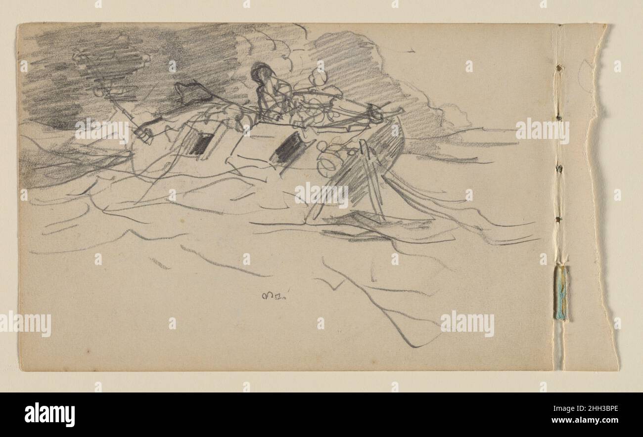 Distressed Boat (Sketch for 'the Gulf Stream') (recto); Grundplandiagramm; Erhebung einer Wohnanlage (verso) 1885 Winslow Homer in dieser kleinen, aber kraftvollen Zeichnung nahm Homer seine frühesten Inspirationen für sein episches Gemälde The Gulf Stream (06,1234) auf. Der Künstler dürfte die gefährliche Szene bei seiner Fahrt zwischen Nassau, Bahamas und Santiago, Kuba, im Februar 1885 miterlebt haben. Diese schnelle Skizze erfasst mehrere wichtige kompositorische Elemente, die im letzten Gemälde erscheinen würden: Die Richtung und dramatische Neigung des mastlosen Bootes, das raue Wasser und der bedrohliche Sturm am Horizont Stockfoto