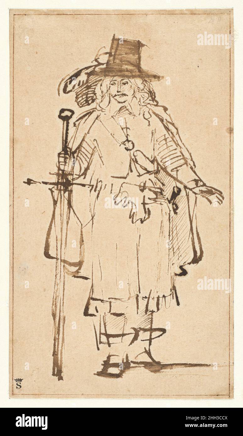 Ein Offizier, der eine zeremonielle Schwertschule 1640s von Rembrandt van Rijn hält. Ein Offizier mit einem zeremoniellen Schwert. Schule von Rembrandt van Rijn (Niederländisch, 1606–1669). Niederländisch. 1640s. Stift und Pinsel und braune Tinten. Zeichnungen Stockfoto