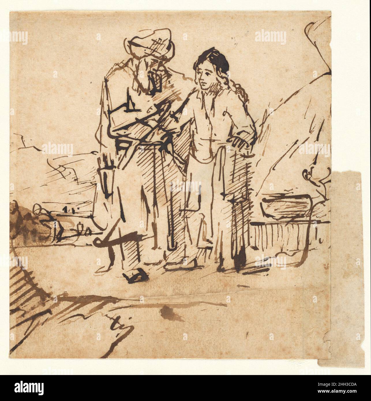 Abraham und Isaak vor dem Opfer Ca. 1644–45 Schule von Rembrandt van Rijn. Abraham und Isaak vor dem Opfer. Schule von Rembrandt van Rijn (Niederländisch, 1606–1669). Niederländisch. Ca. 1644–45. Stift und Pinsel und braune Tinte. Zeichnungen Stockfoto