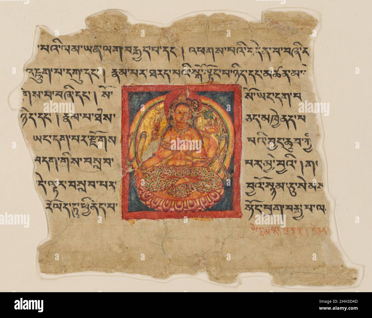 Fragment einer Prajnaparamita Sutra-Handschrift Folio 11th Jahrhundert nicht identifiziert Dieses Gemälde zeigt die Personifizierung des Weisheitstextes Prajnaparamita. Sie wird in sechsarmiger Form dargestellt, die zentralen Hände werden in einer Variation der Dharmakakramudra über dem Herzen gehalten, während ihre oberen Hände das heilige Buch (Pustaka) und das Donnerbolzenzepter (Vajra) zeigen, während ihre unteren Hände einen Rosenkranz (mala) halten und Geste zur Gewährung von Segen. Sie trägt goldenen Schmuck am Körper und ein dreigliedriger Diadem schmückt den Kräuterkopf, der von einem roten Heiligenschein umrahmt wird. Ein Gürtel, scheinbar aus Perlenschnur, sichert ihn Stockfoto