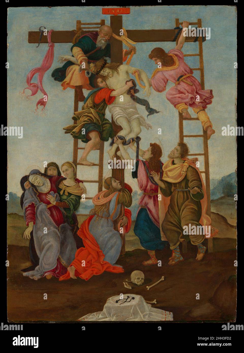 Der Abstieg von der Kreuzwerkstatt von Filippino Lippi Italienisch. Der Abstieg vom Kreuz. Werkstatt von Filippino Lippi (italienisch, Prato ca. 1457–1504 Florenz). Tempera auf Holz. Gemälde Stockfoto