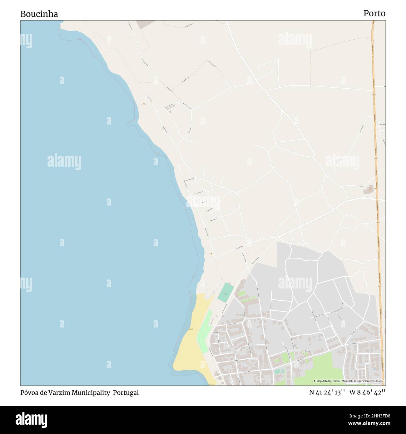 Boucinha, Gemeinde Póvoa de Varzim, Portugal, Porto, N 41 24' 13'', W 8 46' 42'', map, Timeless Map veröffentlicht im Jahr 2021. Reisende, Entdecker und Abenteurer wie Florence Nightingale, David Livingstone, Ernest Shackleton, Lewis and Clark und Sherlock Holmes haben sich bei der Planung von Reisen zu den entlegensten Ecken der Welt auf Karten verlassen.Timeless Maps kartiert die meisten Orte auf der Welt und zeigt die Verwirklichung großer Träume Stockfoto