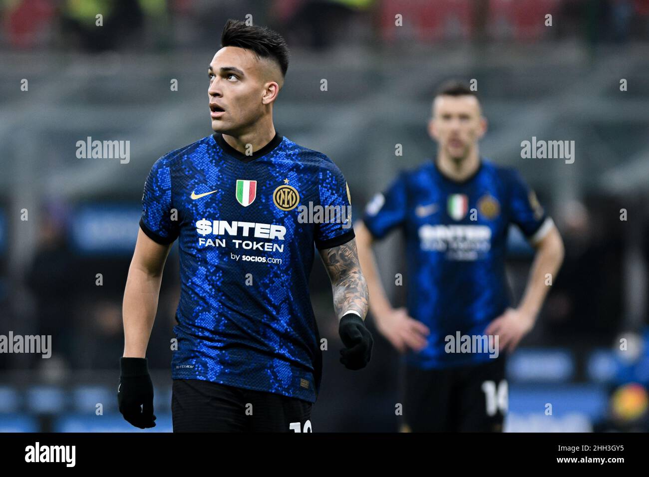 Lautaro Martinez vom FC Internazionale während des Fußballspiels FC Internazionale gegen den FC Venezia im San Siro Stadium in Mailand, Italien, am 22. Januar 2022 Stockfoto