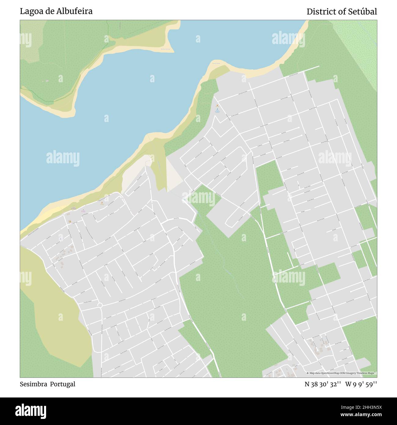 Lagoa de Albufeira, Sesimbra, Portugal, Bezirk Setúbal, N 38 30' 32'', W 9 9' 59'', map, Timeless Map veröffentlicht im Jahr 2021. Reisende, Entdecker und Abenteurer wie Florence Nightingale, David Livingstone, Ernest Shackleton, Lewis and Clark und Sherlock Holmes haben sich bei der Planung von Reisen zu den entlegensten Ecken der Welt auf Karten verlassen.Timeless Maps kartiert die meisten Orte auf der Welt und zeigt die Verwirklichung großer Träume Stockfoto