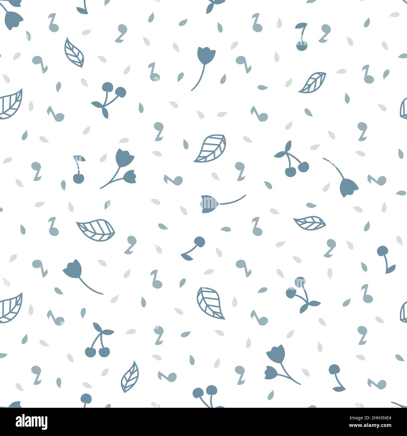 Kirschen und Blätter weiß blau nahtloses Muster. Kirschblüten und Musiknoten Vektordruck für Stoff oder Papier. Stock Vektor