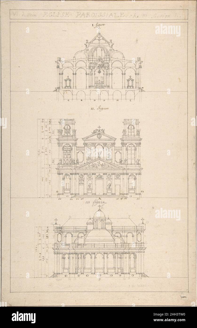 Zeichnung von Innen, façade und Rückseite der Kirche 18th Jahrhundert Jacques Germain Soufflot Französisch. Zeichnung des Inneren, der façade und der Rückseite der Kirche 343292 Stockfoto