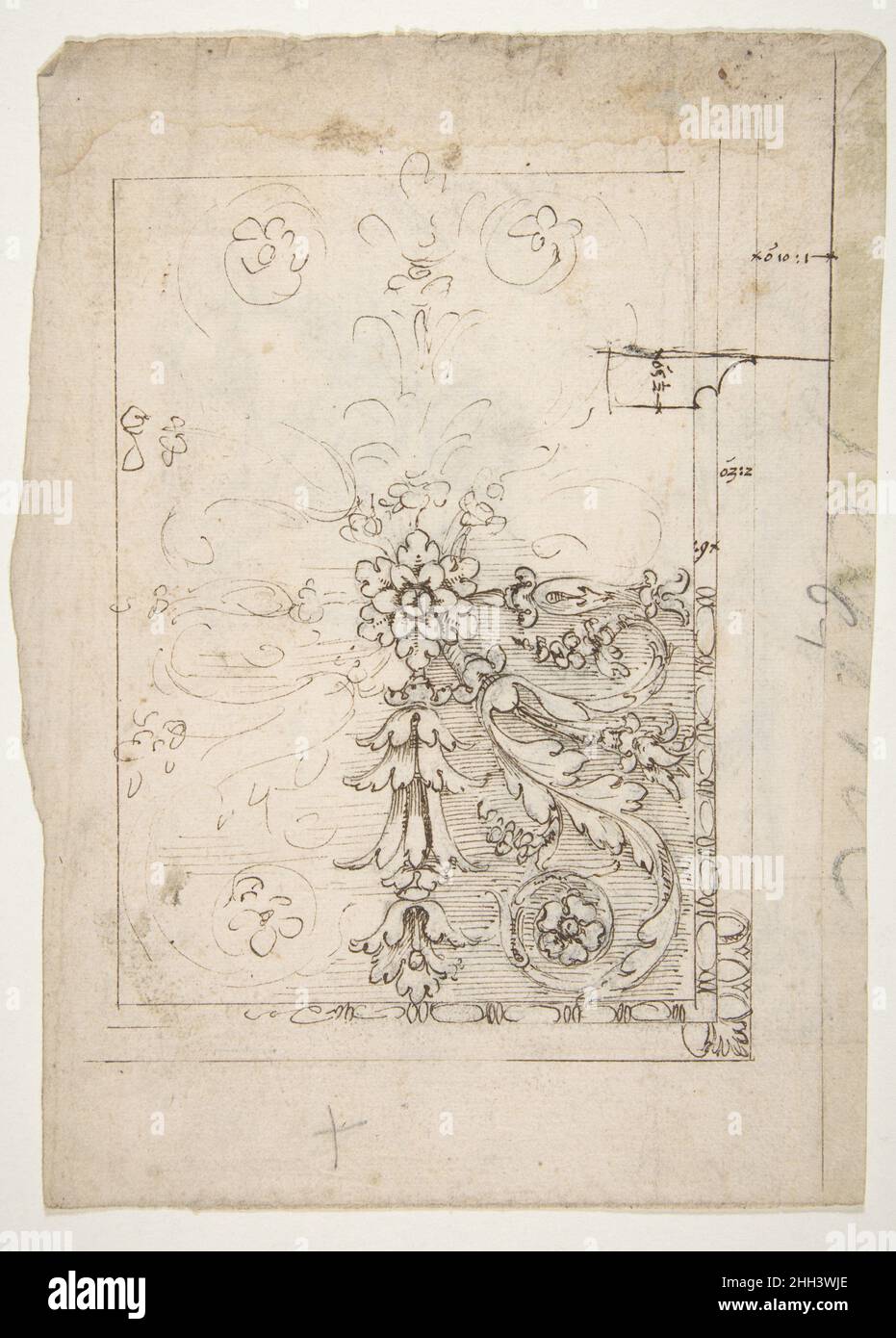 Tempel der Castor und Pollux, Soffit Panel, Deckenplan (recto) nicht identifiziert, Stuck oder Fresko, Details (verso) Anfang bis Mitte des 16th. Jahrhunderts gezeichnet von Anonymous, Französisch, 16th Jahrhundert Französisch. Tempel von Castor und Pollux, Soffit Panel, Deckenplan (recto) nicht identifiziert, Stuck oder Fresko, Details (verso). Goldschmidt Scrapbook. Anfang bis Mitte des 16th. Jahrhunderts. Dunkelbraune Tinte, schwarze Kreide und eingeschnittene Linien Stockfoto