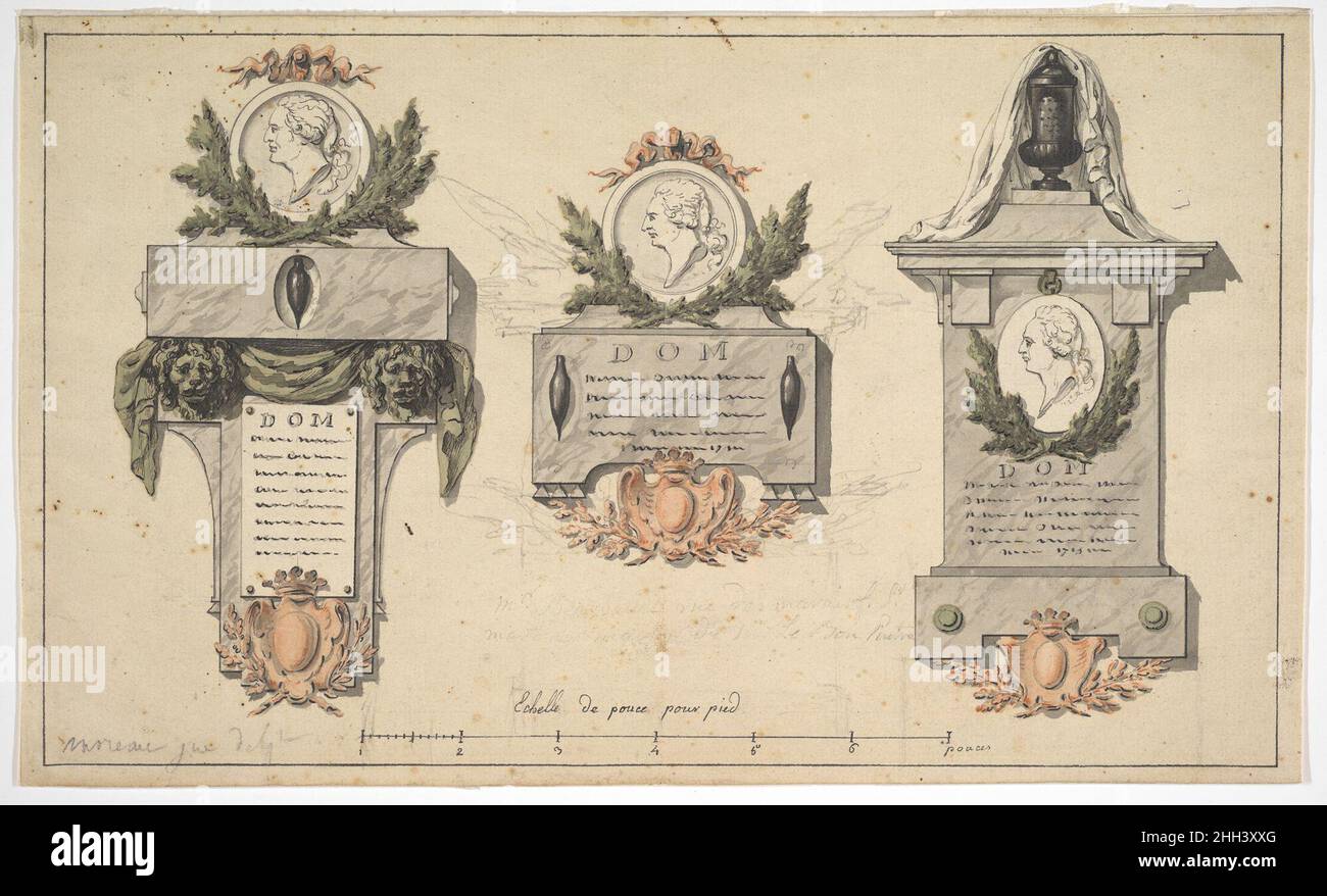 Drei Entwürfe für ein Grabdenkmal oder Epitaph Ca. 1770–90 Jean Michel Moreau der jüngere Franzose drei Varianten für ein Grabmal oder Epitaph, das an eine Wand gestellt werden sollte. Die Monumente bestehen alle aus einem Porträtmedaillon mit zwei Zweigen darunter, einer Tafel mit den Buchstaben D.O.M. (Deus Optimus Maximus), gefolgt von einer Pseudo-Inschrift und einem Escutcheon, unter dem ein persönlicher Wappen platziert werden kann. Das Design in der Mitte ist von skizzenhaften Linien in Graphit umgeben, die auf eine Ausarbeitung des Designs hindeuten. Am unteren Rand der Seite ist der Maßstab der Designs indic Stockfoto