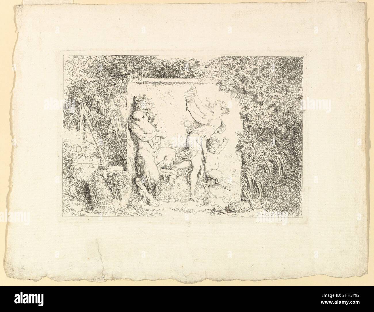 The Satyrs' Dance 1763 Jean Honoré Fragonard Französisch in diesem Druckset mit vier Radierungen (siehe auch 1996.238.1-3) präsentiert Fragonard verspielte bacchanische Szenen in Form von antiken Steinreliefs, eingerahmt von üppigem, sonnenbeschienenen Grün. Ob die Reliefs auf tatsächlichen Antiquitäten basieren (wie lange angenommen) oder Produkte der Phantasie des Künstlers sind, das Ergebnis ist eine Tour de Force der Radierung. Die Satyrs, die Nymphen und ihre Nachkommen sind von einem überzeugenden Sinn für Animation durchdrungen, der den Einbildung der Kompositionen als Darstellung zeitvergessener Relikte Lügen straft. The Satyrs' Dance 334644 Stockfoto