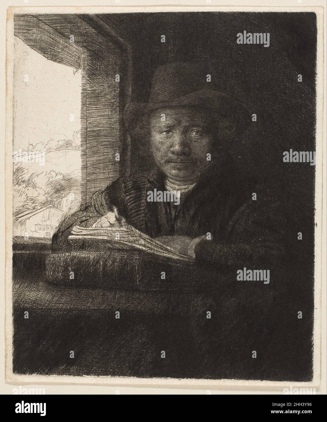 Selbstporträt Radieren an einem Fenster 1648 Rembrandt (Rembrandt van Rijn) Holländer Rembrandt van RijnNiederländisch, 1606–1669Self-Porträtzeichnung an einem Fenster, 1648Etching, Trockenpunkt, Und burinThe Sylmaris Collection, Gift of George Coe Graves, 1920 (20.46.12)in diesem ikonischen Bild präsentierte sich Rembrandt im Alter von zweiundvierzig Jahren nicht als Ideal, sondern auf eine ganz andere Art und Weise als Künstler bei der Arbeit, unterbrochen mit einer Radiernadel oder einem Stift in der Hand. Die fesselnde Ehrlichkeit seines direkten Blicks zieht den Betrachter in den ruhigen und düstere Raum. Selbstporträt Radieren an einem Fenster 369807 Stockfoto