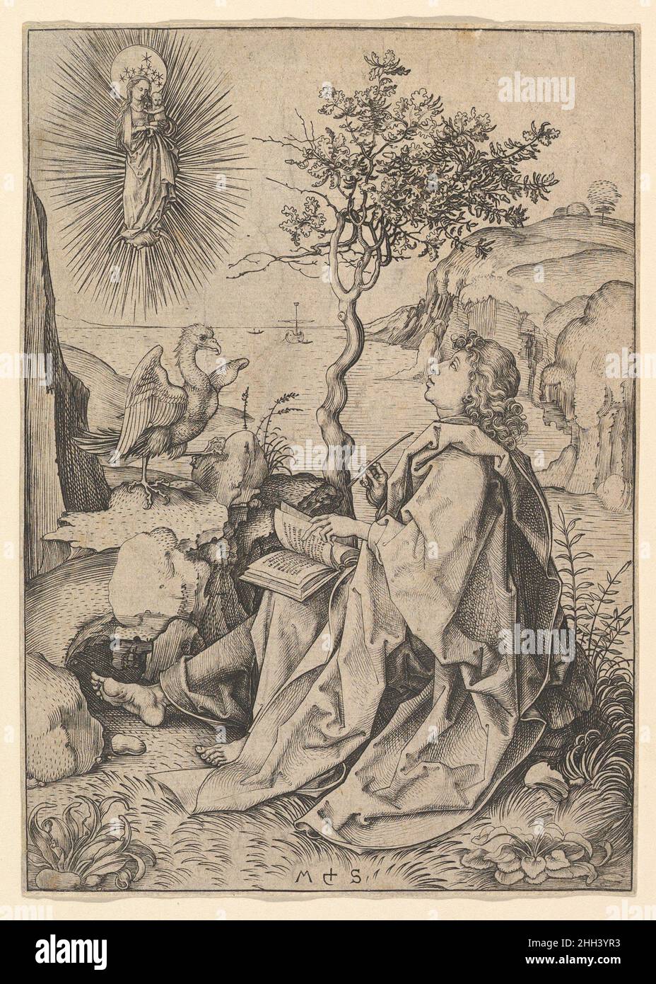 St. Johannes der Evangelist auf Patmos ca. 1435–1491 Martin Schongauer Deutsch. Johannes der Evangelist auf Patmos 359821 Stockfoto
