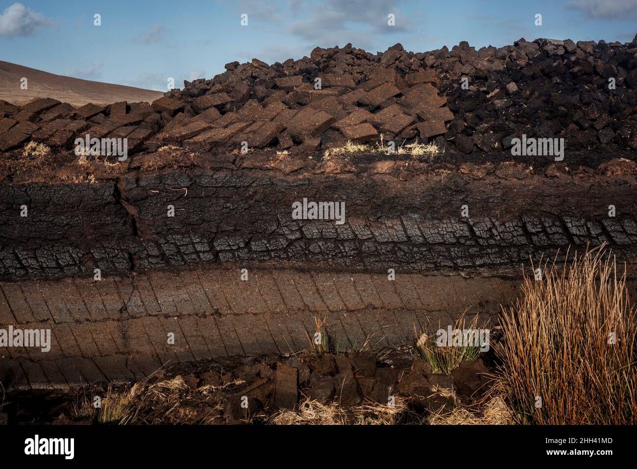 Spuren von manuellem Turfting auf den Moor am Rande des Ballycroy National Park. Der Rasen wurde mit einem Sleán geschnitten und trocknet in der Sonne. Stockfoto