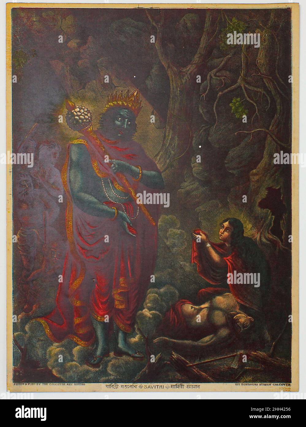 Savitri Ca. 1885–90 Indien, Westbengalen, Kalkutta Savitri dient als Vorbild einer idealen Frau mit größter Hingabe zum Wohlergehen ihres Mannes. Die Geschichte, die im Mahabharata erzählt wird, ist, dass die Prinzessin Savitri Satyavan heiratet, einen armen, aber hingebungsvollen Prinzen, der bekanntermaßen seine blinden Eltern herumträgt. Satyavan ist dazu bestimmt, früh zu sterben, und wenn der Tag seines Todes kommt, kommt Yama, der gott des Todes, um sein Leben zu beanspruchen. Savitri folgt Yama unerbittlich, bis er ihr schließlich beeindruckt von ihrer Hingabe einen Segen gewährt. Sie bittet um die Wiederherstellung von Satyavans Leben und des Sehens ihrer Schwiegereltern. Ihr Remarkab Stockfoto