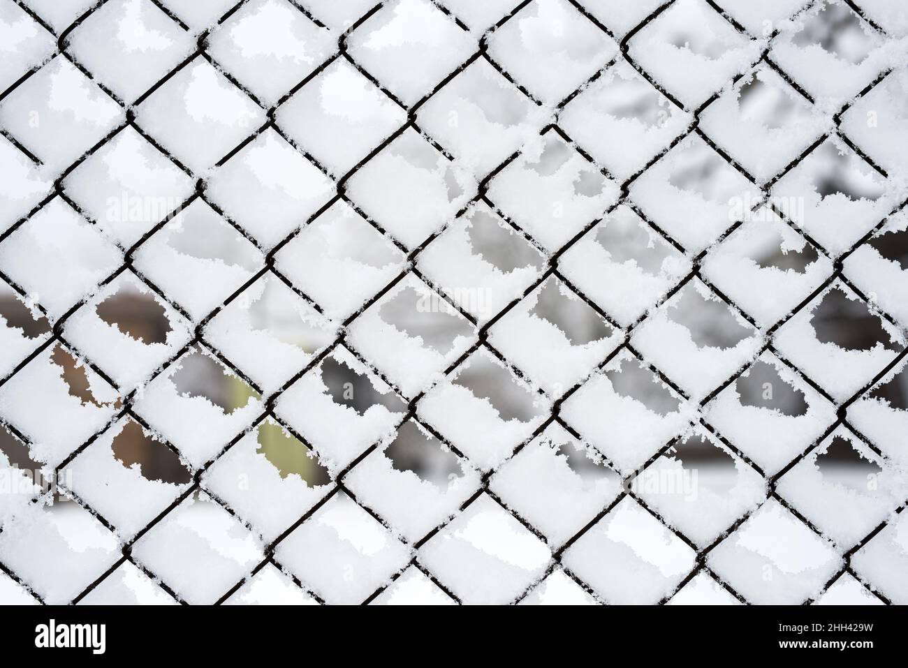 Zaunnetz angesammelt mit Schnee, Struktureffekt, Hintergrund Stockfoto