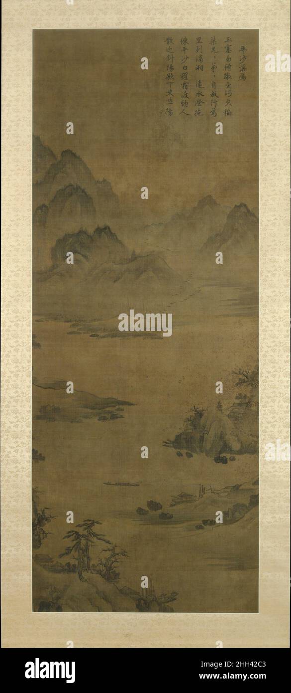 Wildgänse, die Ende des 15th. Bis Anfang des 16th. Jahrhunderts zum Sandbier herabsteigen Unidentifizierter Künstler Diese Landschaft in der modernen Provinz Hunan, China, zeigt ein Flusstal und ferne Berge mit einer Herde fliegender Gänse, Die Erkennungsmarke einer der bekanntesten Szenen aus den acht Ansichten des Themas der Xiao- und Xiang-Berge. Dieses Thema erlangte während der Song-Periode in chinesischen literarischen und künstlerischen Kreisen Ansehen. Obwohl sein Ruhm auf dem Kontinent im Laufe der Zeit zurückgegangen, in Korea, monochrome Farbgemälde des Themas erreichte einen neuen Höhepunkt der Popularität in der fünfzehnten und sechzehnten Stockfoto