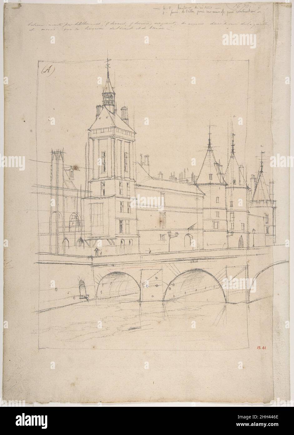 Der Uhrturm ca. 1852 Charles Meryon Französisch Meryon war der erste französische Radierer des 19. Jahrhunderts, der das Pariser Stadtbild zu seinem Hauptaugenmerk machte. Dies ist eine von mehreren vorbereitenden Zeichnungen, die er für eine Radierung mit dem gleichen Titel als Teil seiner zweiundzwanzig Druckgrafiken-Suite mit dem Titel 'Eaux-fortes sur Paris' (Radierungen über Paris) angefertigt hat. Mit einer präzisen Graphitlinie zeichnete Meryon die wichtigsten architektonischen Merkmale des Palais de Justice mit seinem Uhrenturm sowie der dahinter liegenden Conciergerie auf; beide Gebäude sind Teil des Komplexes der Gerichte im Zentrum von Paris. Er ließ anekdotische Deta aus Stockfoto