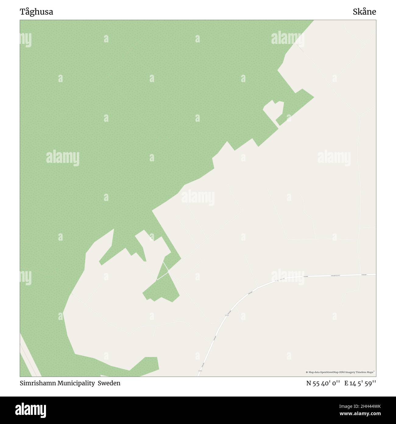 Tåghusa, Gemeinde Simrishamn, Schweden, Skåne, N 55 40' 0'', E 14 5' 59'', map, Timeless Map veröffentlicht im Jahr 2021. Reisende, Entdecker und Abenteurer wie Florence Nightingale, David Livingstone, Ernest Shackleton, Lewis and Clark und Sherlock Holmes haben sich bei der Planung von Reisen zu den entlegensten Ecken der Welt auf Karten verlassen.Timeless Maps kartiert die meisten Orte auf der Welt und zeigt die Verwirklichung großer Träume. Stockfoto