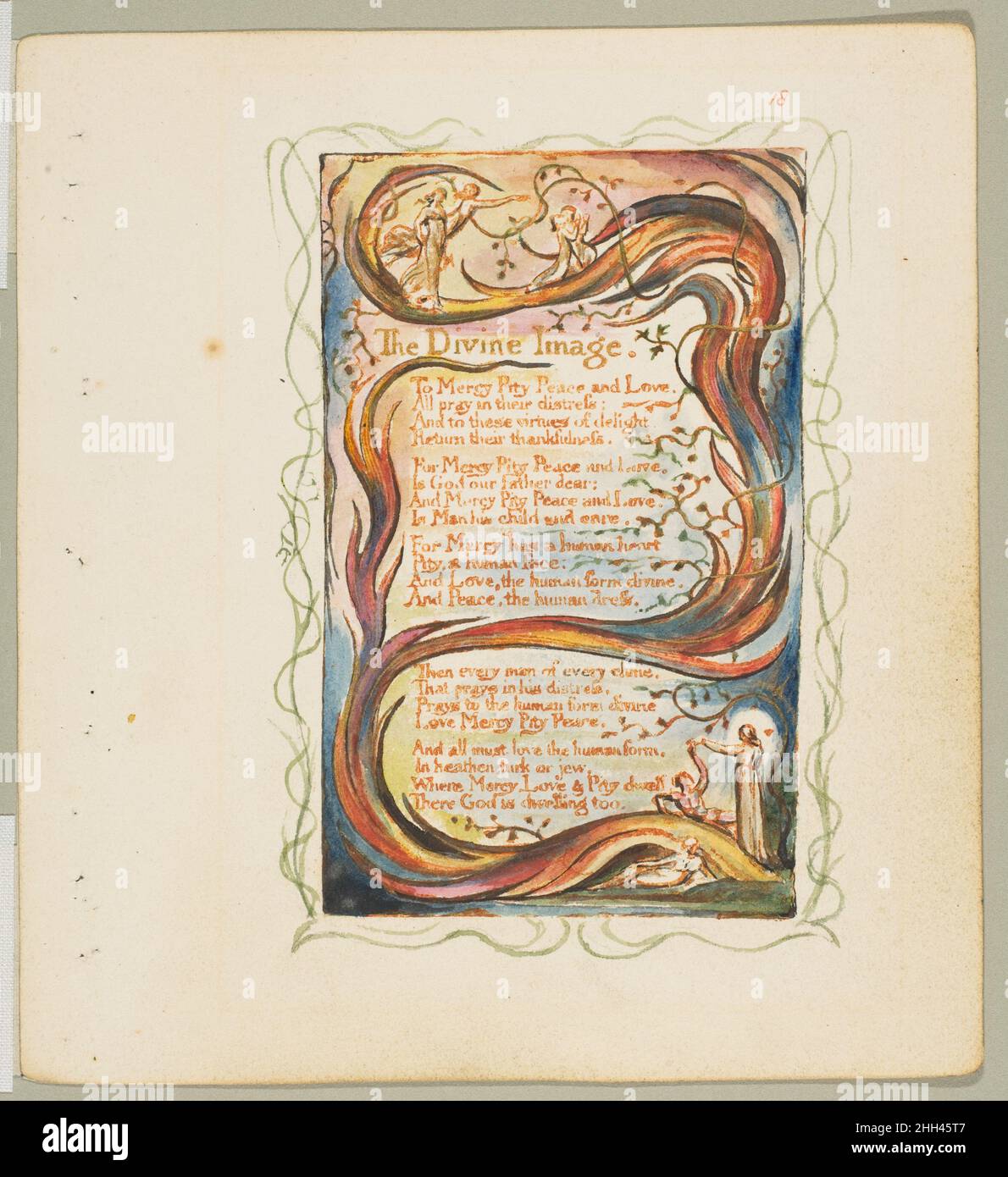 Lieder der Unschuld und der Erfahrung: Das Göttliche Bild Ca. 1825 William Blake British. Lieder der Unschuld und der Erfahrung: Das Göttliche Bild. William Blake (British, London 1757–1827 London). Ca. 1825. Relief-Radierung in orange-brauner Tinte gedruckt und handfarbig mit Aquarell und Gold. Ausdrucke Stockfoto
