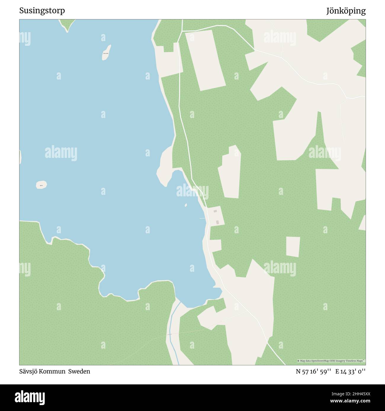 Susingstorp, Sävsjö Kommun, Schweden, Jönköping, N 57 16' 59'', E 14 33' 0'', map, Timeless Map veröffentlicht im Jahr 2021. Reisende, Entdecker und Abenteurer wie Florence Nightingale, David Livingstone, Ernest Shackleton, Lewis and Clark und Sherlock Holmes haben sich bei der Planung von Reisen zu den entlegensten Ecken der Welt auf Karten verlassen.Timeless Maps kartiert die meisten Orte auf der Welt und zeigt die Verwirklichung großer Träume. Stockfoto