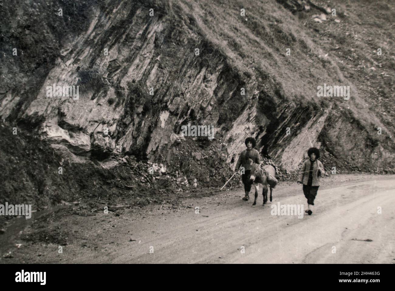 Russland Aserbaidschan - UM 1920s: Historisches edwardianisches Foto von Hirten und Esel, die auf unbefestigten Straßen in den Bergen spazieren Stockfoto