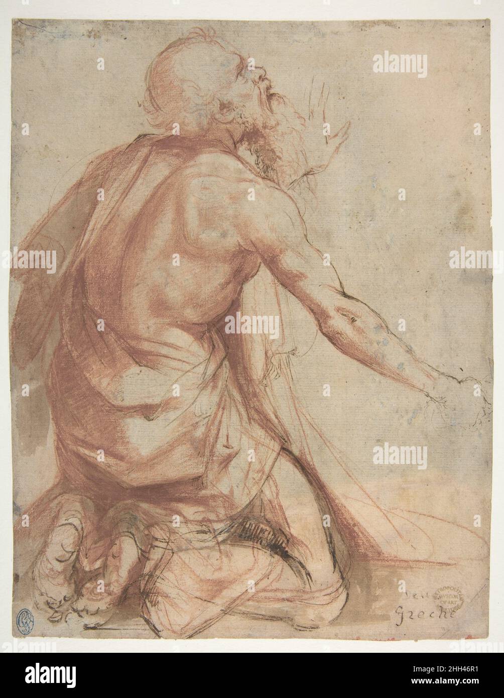 Kniebarer Bartalter (recto); Ausschnitt eines drapierten Gliedes und Skizzen (verso) 1500–1571 Nosadella (Giovanni Francesco Bezzi) zugeschrieben Italienisch lebhaft mit Feder und brauner Tinte, braune WASH über roter Kreide, wurde diese Studie 1979 von Lawrence Turcic Nosadella, einem Schüler von Pellegrino Tibaldi, zugeschrieben. Sein Vorschlag wurde in der alten Annotation 'Nosadela' bestätigt, die enthüllt wurde, als die Zeichnung 1980 vom alten Berg entfernt wurde. Die Handhabung von Stift und Wasch in der Zeichnung des Museums ist tipycal des Künstlers, kann sinnvoll mit dem in einer Studie über den Knien verglichen werden Stockfoto