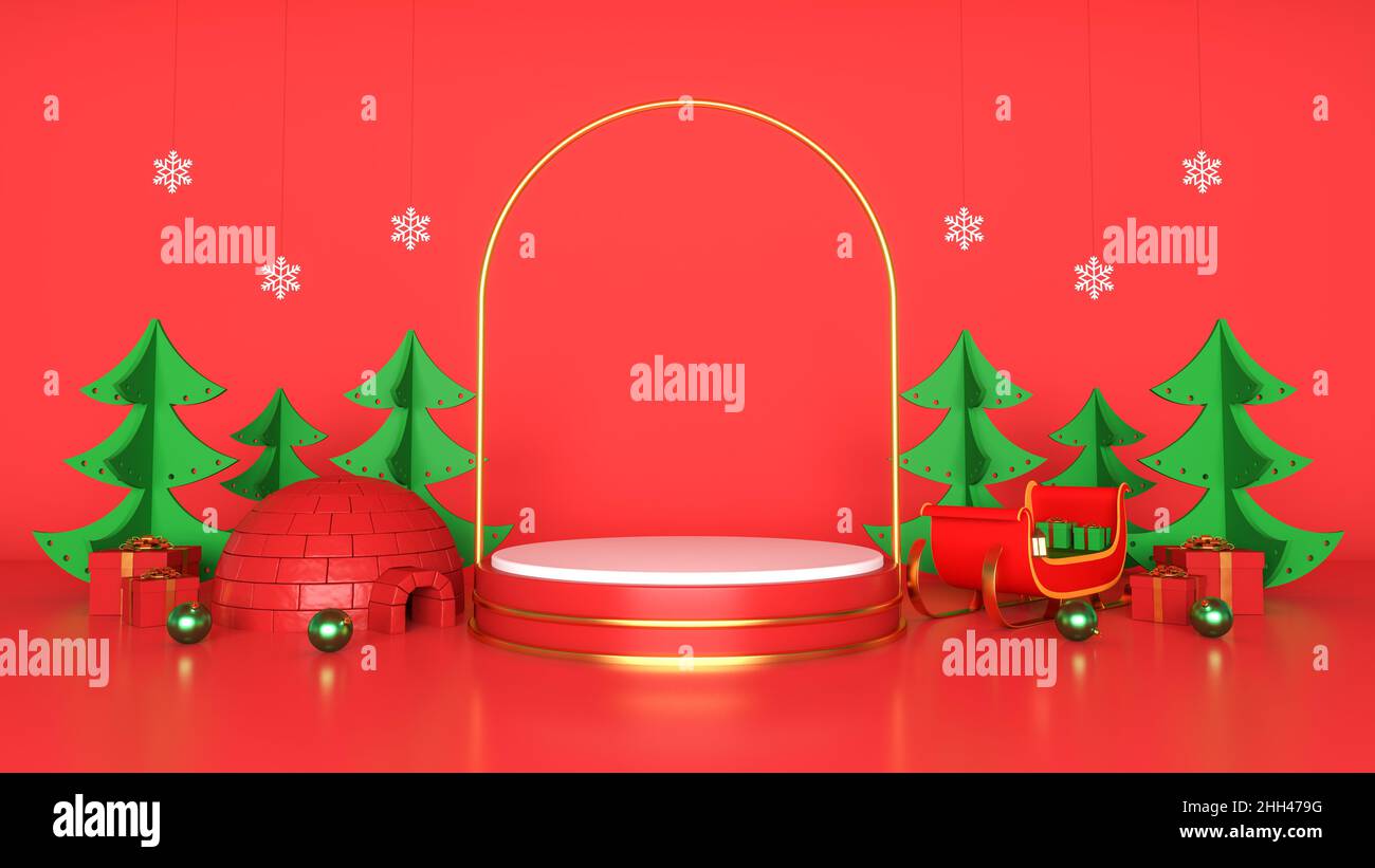 Weihnachten und Neujahr Hintergrund Konzept Podium Display Produktförderung, 3D Rendering Stockfoto