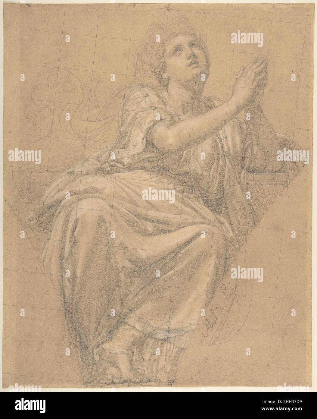 Allegorische Figur der Stadt Piacenza, für ein Pendentive in der Kapelle Saint-Roch, Kirche Saint-Sulpice, Paris (recto); Studien für dieselbe Figur (verso) 1821 Alexandre Denis Abel de Pujol Französisch die kompositorische Form dieser vorbereitenden Zeichnung spiegelt das Ziel des fertigen Werkes wider: Ein Pendentive – Der dreieckige Abschnitt des Gewölbes, in dem eine Kuppel mit den Stützbögen unten verbunden ist – in einer Kapelle, die Saint Roch in der Kirche Saint-Sulpice in Paris gewidmet ist. Als Allegorie auf Piacenza stellt sie eine von vier italienischen Städten dar, die von der Pest des heiligen in den frühen Jahren gerettet wurden Stockfoto