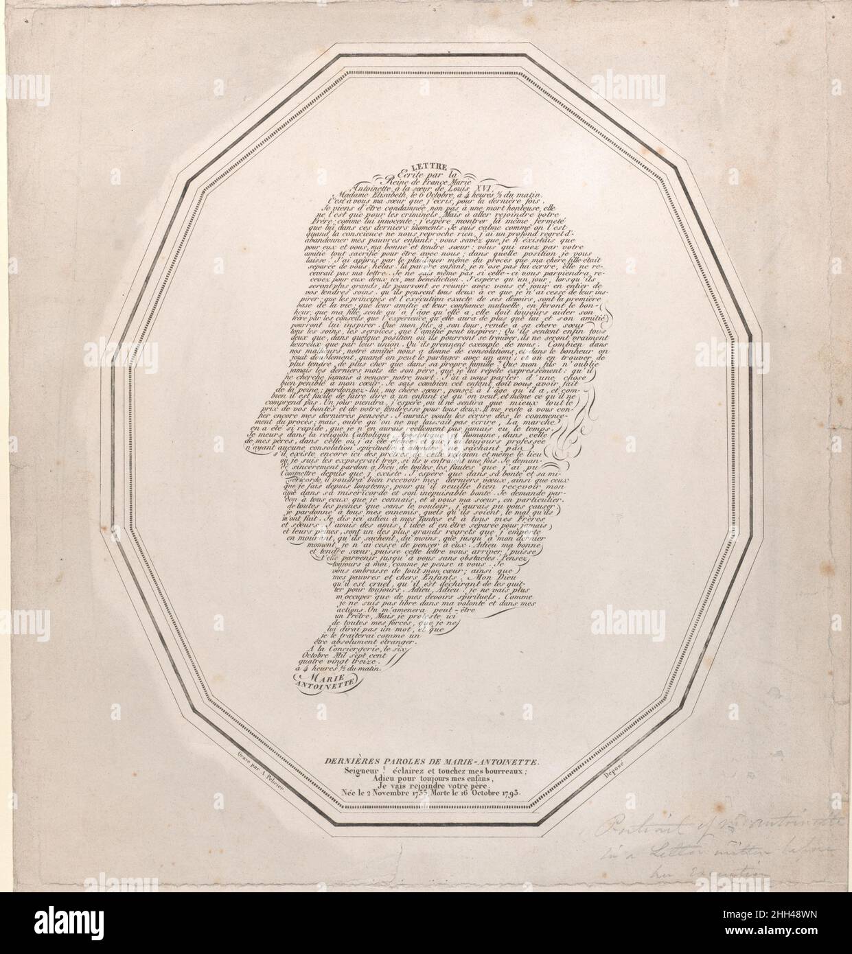 Die letzten Worte von Marie Antoinette (Dernières Paroles de Marie Antoinette) 1794–1815 J. Pelicier. Die letzten Worte von Marie Antoinette (Dernières Paroles de Marie Antoinette). J. Pelicier (Französisch, aktiv 18th. Jahrhundert). 1794–1815. Handkolorierte Radierung. Ausdrucke Stockfoto