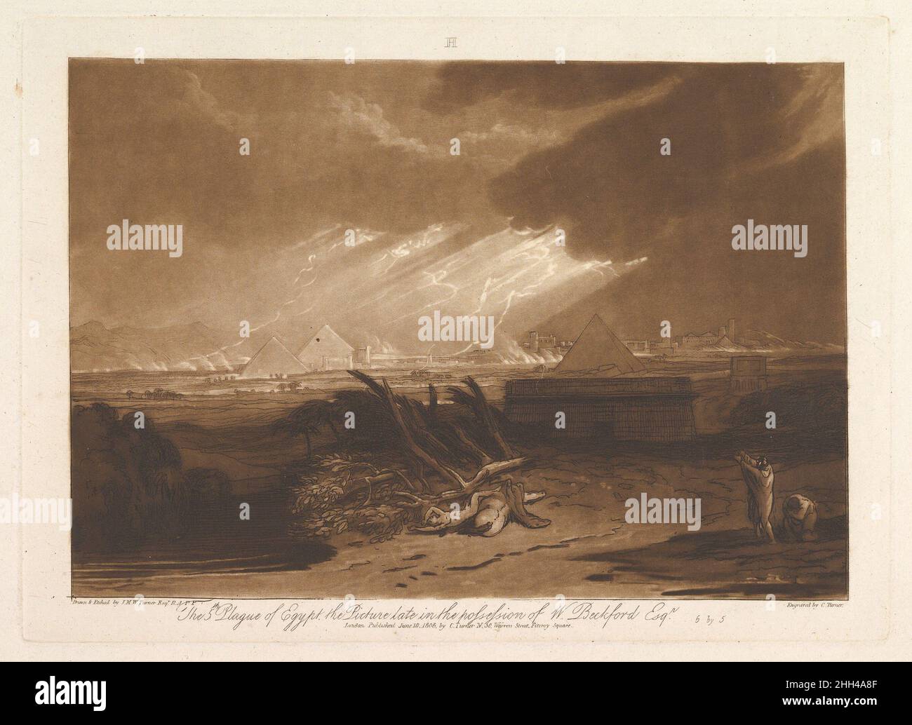 The Fifth Plague of Egypt (Liber Studiorum, Teil III, Tafel 16) 10. Juni 1808 Entworfen und geätzt von Joseph Mallord William Turner der Brite Turner destillierte seine Vorstellungen über Landschaft in 'Liber Studiorum' (Latin for Book of Studies), einer Serie von siebzig Drucken plus einem Frontispiz, das zwischen 1807 und 1819 veröffentlicht wurde. Um die Kompositionen zu etablieren, fertigte er braune Aquarellzeichnungen an und ätzte die Umrisse auf Kupferplatten. Professionelle Graveure entwickelten den Ton in der Regel unter Turners Regie, und Charles Turner fügte hier Mezzotint hinzu, um eine Passage aus Exodus 9 zu beschreiben. Das Kapitel erzählt thr Stockfoto
