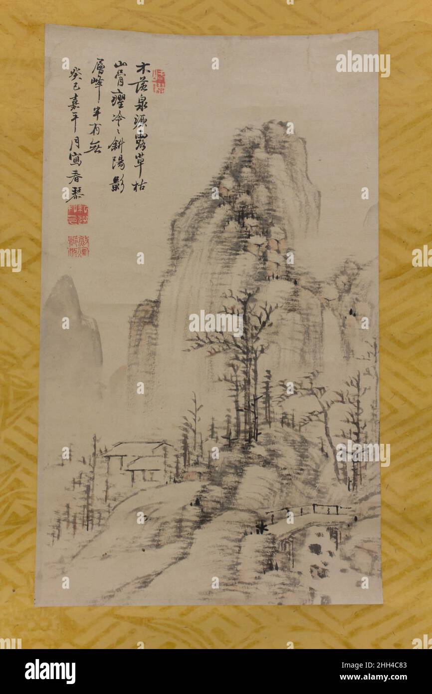 Winterliche Landschaft mit Bäumen 1833 Uragami Shunkin ???? Dieses intime, miniaturisierte Landschaftsbild – von Uragami Shunkins berühmtem Vater Gyokud?, das manchmal auch geschaffen wurde – fängt die düstere Stimmung eines Bergdorfes im Spätherbst in der Abenddämmerung ein. In einem von seinem Vater schon früh erlernten Malstil, in dem sich die Formen von Bäumen und Gipfeln immer wieder durch scharfe horizontale Striche bilden, kontrastiert der Künstler die Texturen der Felsvorsprünge im Vordergrund mit den verträumten Berggipfeln in der Ferne. Als er dieses Gemälde 1833 schuf, hatte sich Shunkin bereits etabliert Stockfoto