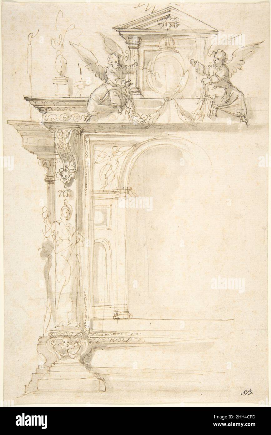 Entwurf eines Altars oder Denkmals mit Engeln und anderen Figuren aus dem späten 16th. Jahrhundert, die Peter Candid zugeschrieben werden (Pieter de Witte, Pietro Candido). Entwurf für einen Altar oder ein Denkmal mit Engeln und anderen Figuren 362773 Stockfoto