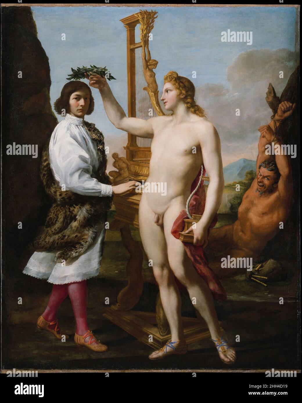 Marcantonio Pasqualini (1614–1691) gekrönt von Apollo 1641 Andrea Sacchi Italienisch Pasqualini, Ein gefeierter männlicher Sopran, wird von Apollo gekrönt, der in einem musikalischen Wettkampf mit Satyr Marsyas (im Hintergrund dargestellt, besiegt und mit seinen Dudelsäcken neben ihm an einen Baum gebunden) gewonnen hatte. Pasqualini trat 1630 dem Chor der Sixtinischen Kapelle bei und war ab 1632 Protagonist vieler Opern, die im Palazzo Barberini produziert wurden. Sacchi entwarf Sets für einige davon. Die Sängerin spielt ein aufrechtes Cembalo, das mit den Figuren von Daphne und einem gebundenen Satyr verziert ist; Apollo basiert lose auf dem Stockfoto