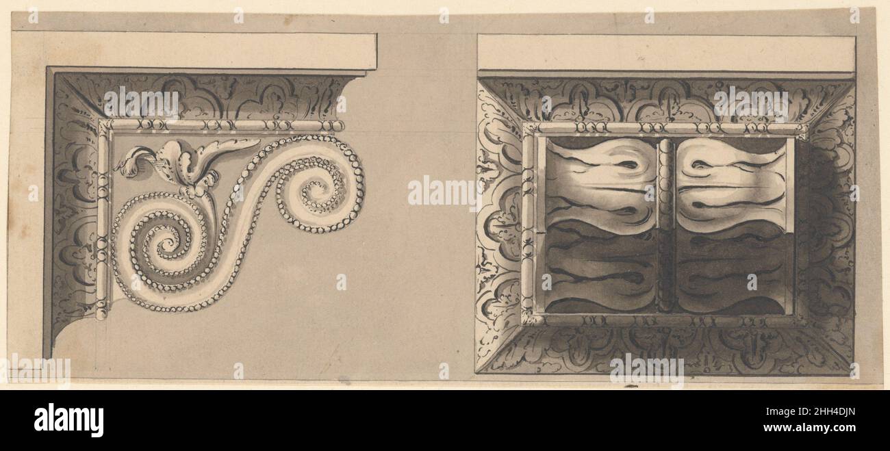 Zwei Entwürfe für Ornament ca. 1770 Richard de Lalonde Französisch. Zwei Designs für Ornament. Richard de Lalonde (Französisch, aktiv in Paris, 1780–90). Ca. 1770. Stift und schwarze Tinte, Pinsel und Grauwäsche, über Graphitunterzeichnung. Zeichnungen Stockfoto