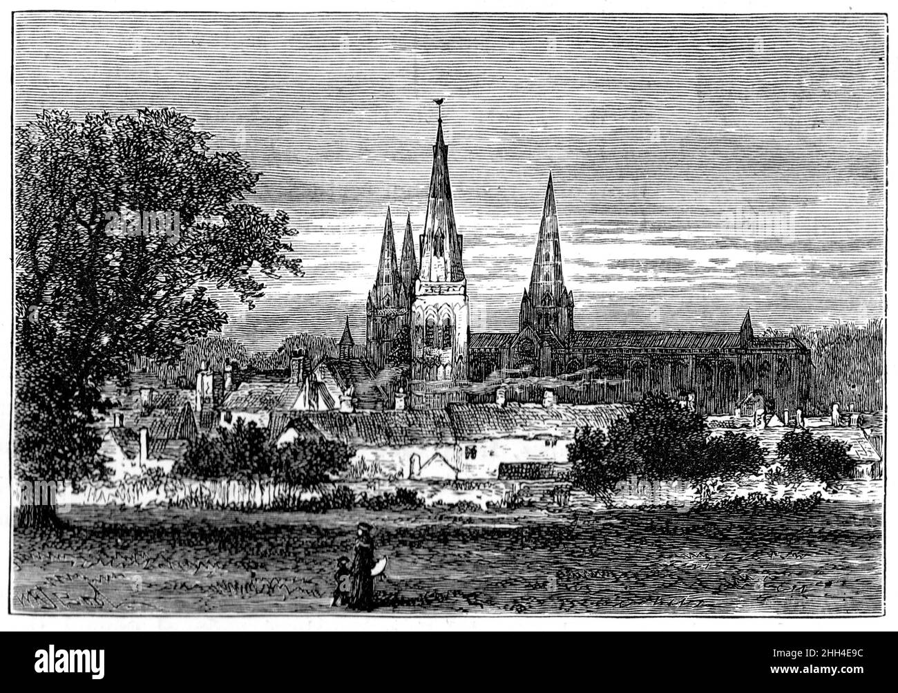 Schwarz-Weiß-Illustration; Kathedrale von Lichfield aus dem Süden um 1880 Stockfoto
