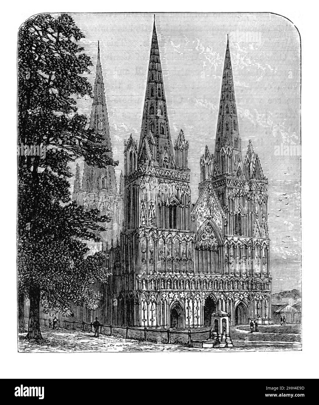 Schwarz-Weiß-Illustration; Westfront der Kathedrale von Lichfield um 1880 Stockfoto