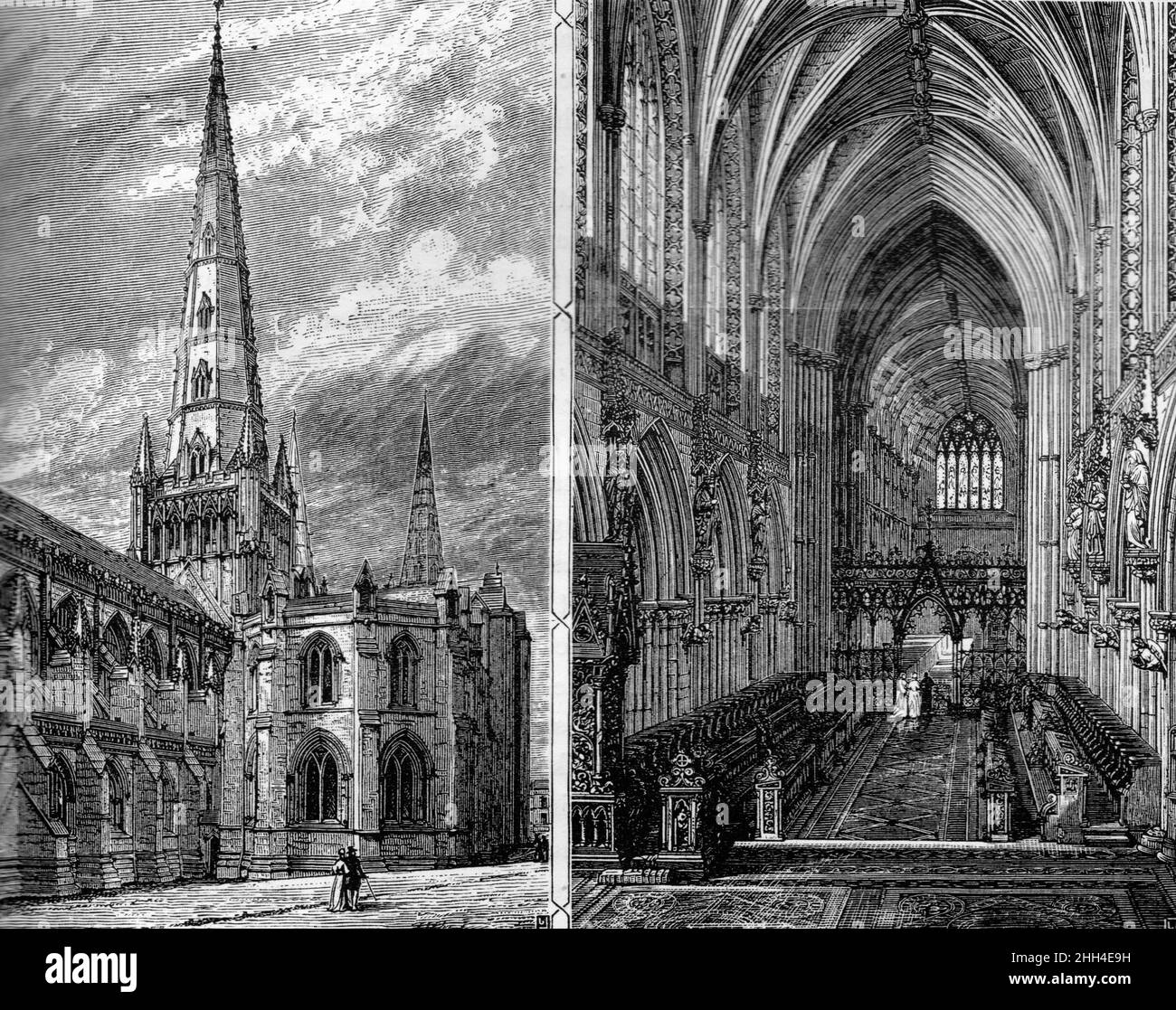 Schwarz-Weiß-Illustration; Innen- und Außenansicht der Kathedrale von Lichfield um 1880 Stockfoto